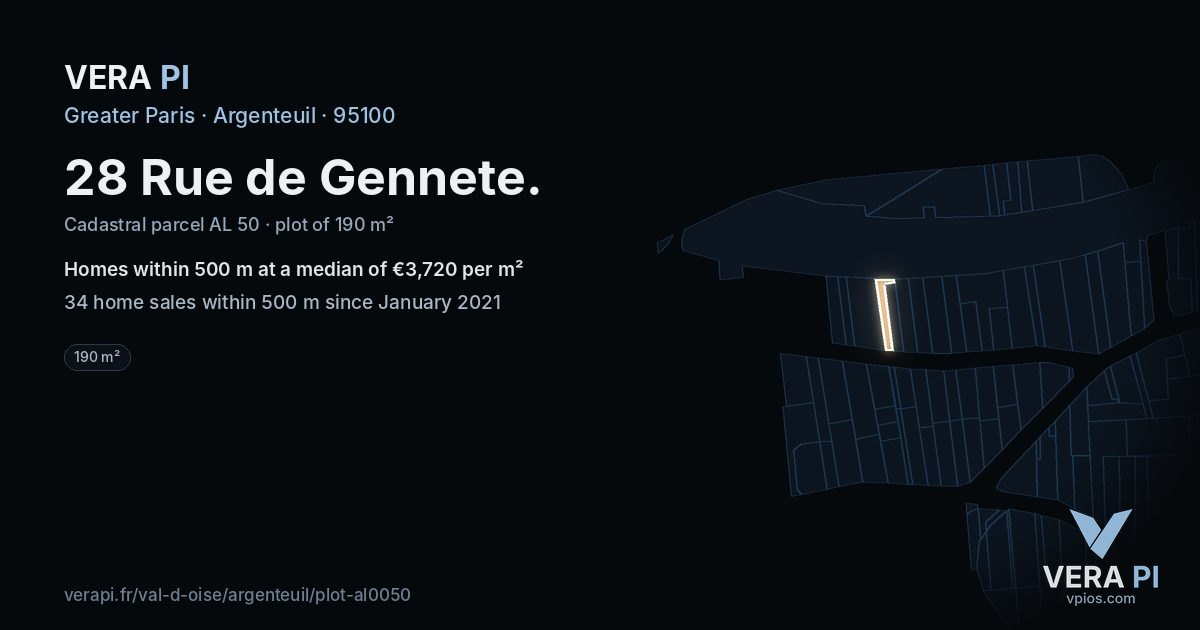 28 Rue de Gennete, Argenteuil at night – the plot lit, the parcels around coloured by the prices near them