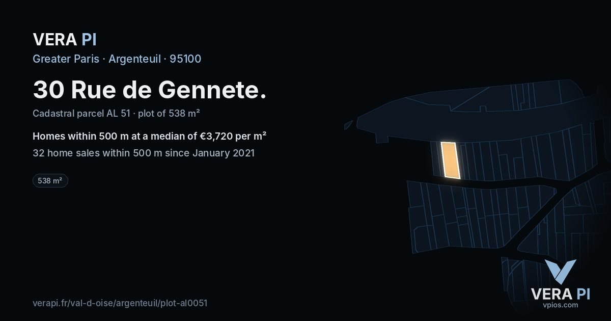 30 Rue de Gennete, Argenteuil at night – the plot lit, the parcels around coloured by the prices near them