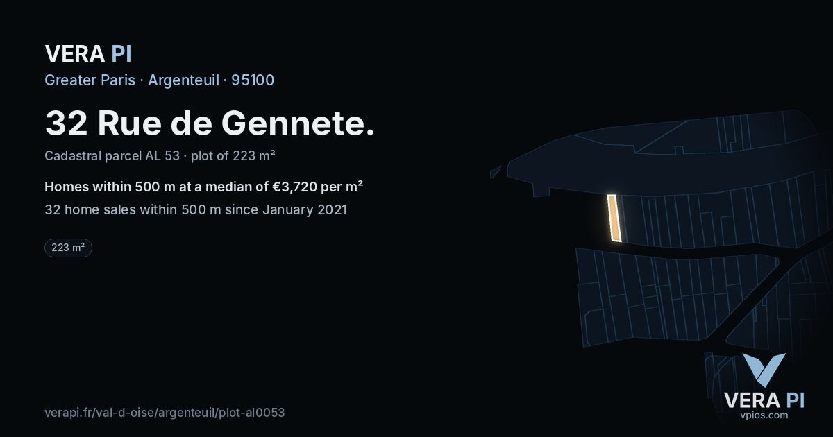32 Rue de Gennete, Argenteuil at night – the plot lit, the parcels around coloured by the prices near them