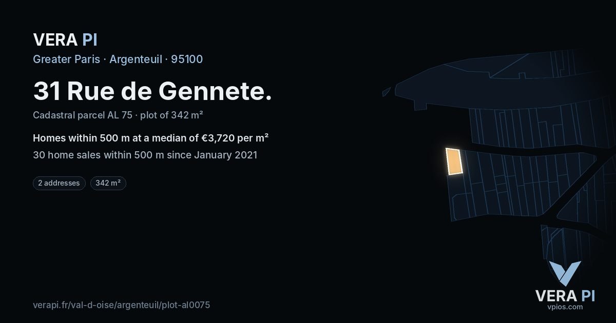 31 Rue de Gennete, Argenteuil at night – the plot lit, the parcels around coloured by the prices near them