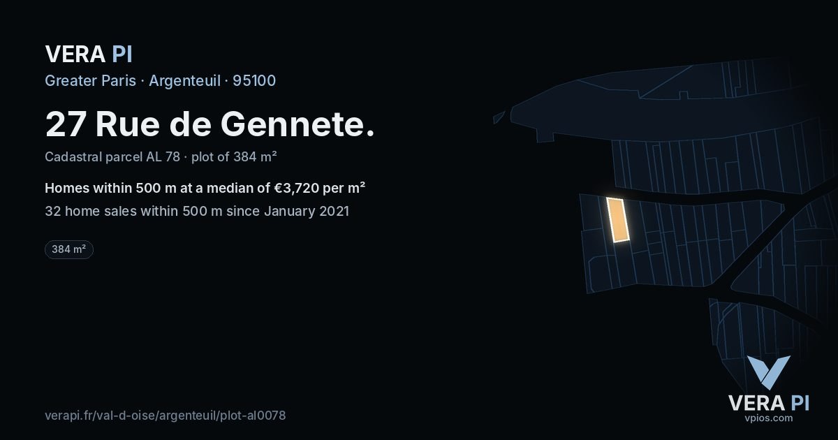 27 Rue de Gennete, Argenteuil at night – the plot lit, the parcels around coloured by the prices near them