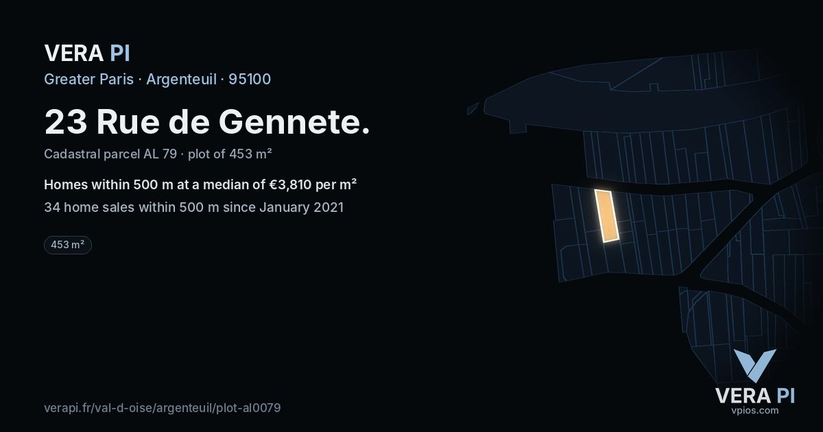 23 Rue de Gennete, Argenteuil at night – the plot lit, the parcels around coloured by the prices near them