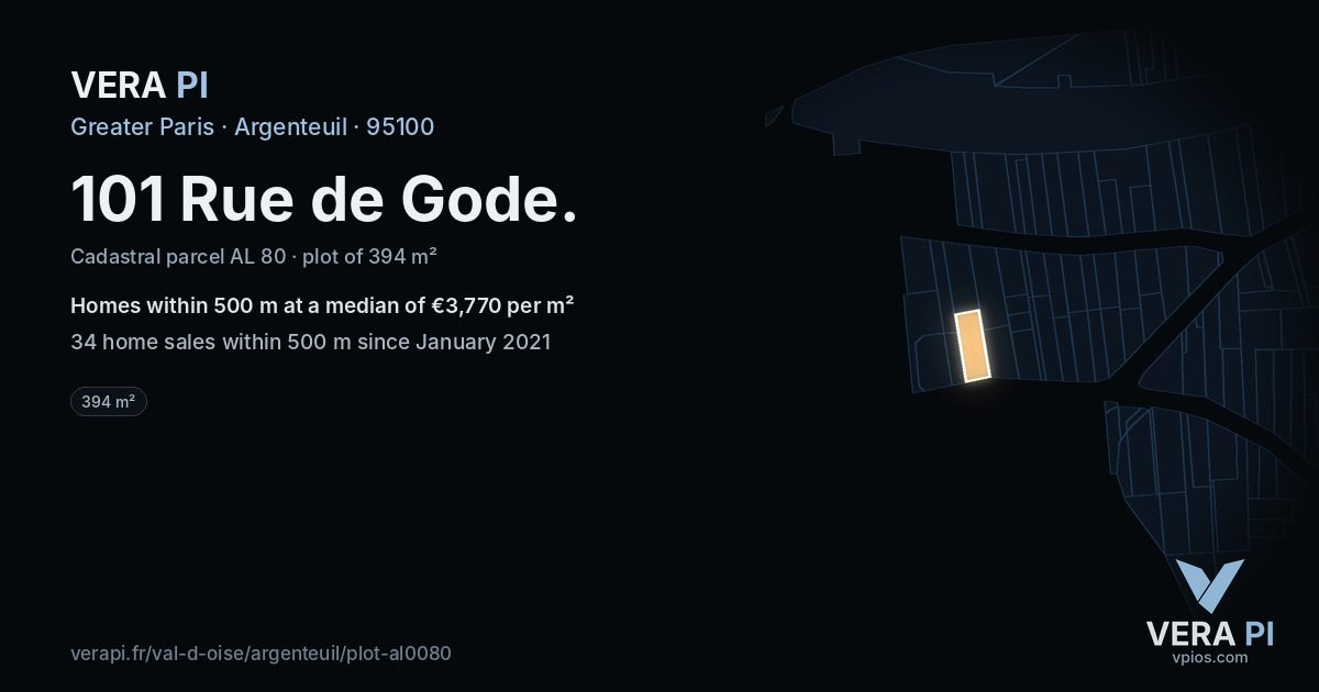 101 Rue de Gode, Argenteuil at night – the plot lit, the parcels around coloured by the prices near them