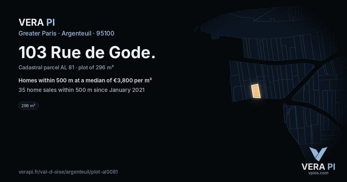 103 Rue de Gode, Argenteuil at night – the plot lit, the parcels around coloured by the prices near them
