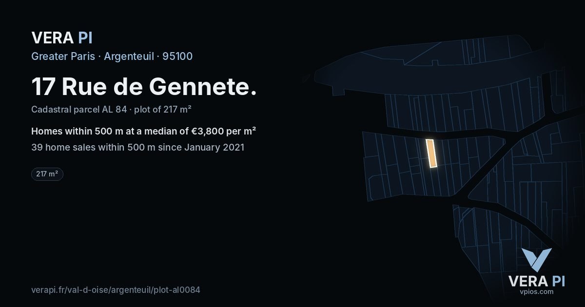 17 Rue de Gennete, Argenteuil at night – the plot lit, the parcels around coloured by the prices near them