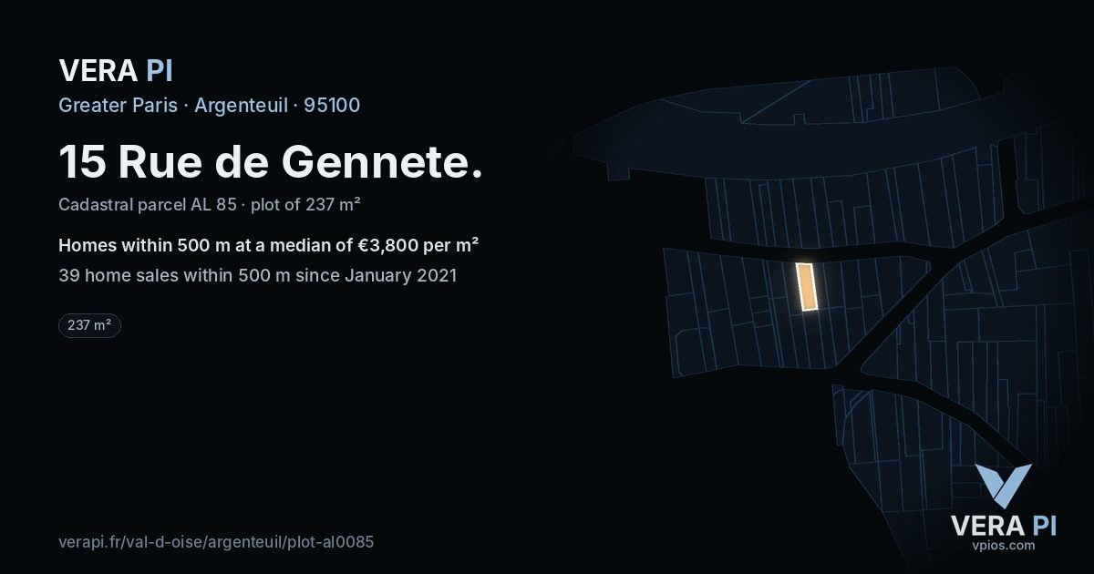 15 Rue de Gennete, Argenteuil at night – the plot lit, the parcels around coloured by the prices near them