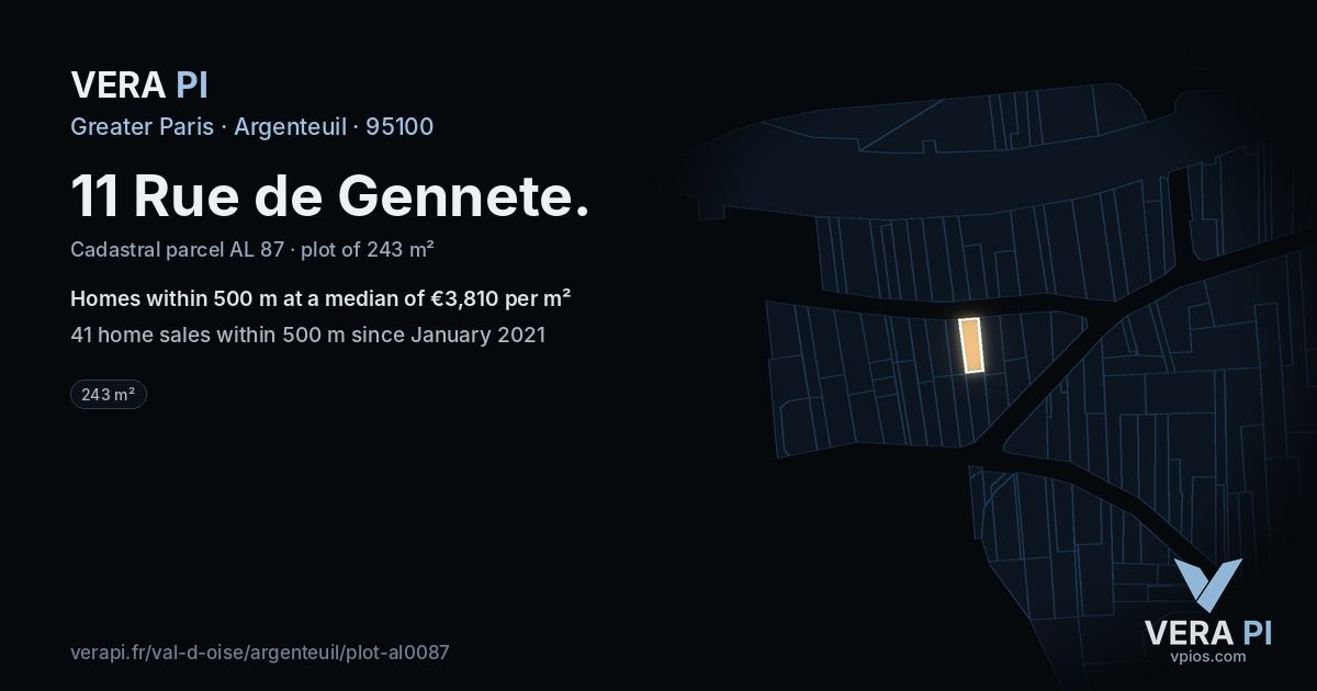 11 Rue de Gennete, Argenteuil at night – the plot lit, the parcels around coloured by the prices near them
