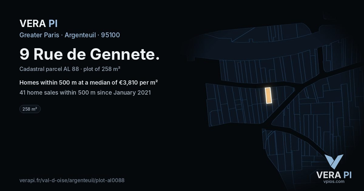 9 Rue de Gennete, Argenteuil at night – the plot lit, the parcels around coloured by the prices near them