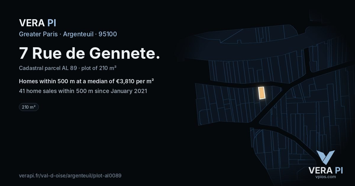 7 Rue de Gennete, Argenteuil at night – the plot lit, the parcels around coloured by the prices near them