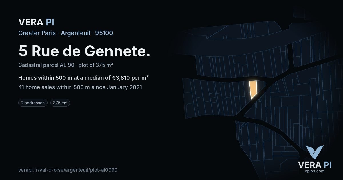 5 Rue de Gennete, Argenteuil at night – the plot lit, the parcels around coloured by the prices near them