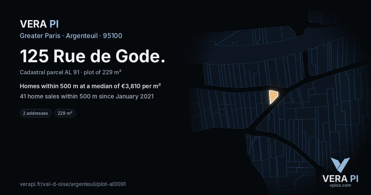 125 Rue de Gode, Argenteuil at night – the plot lit, the parcels around coloured by the prices near them