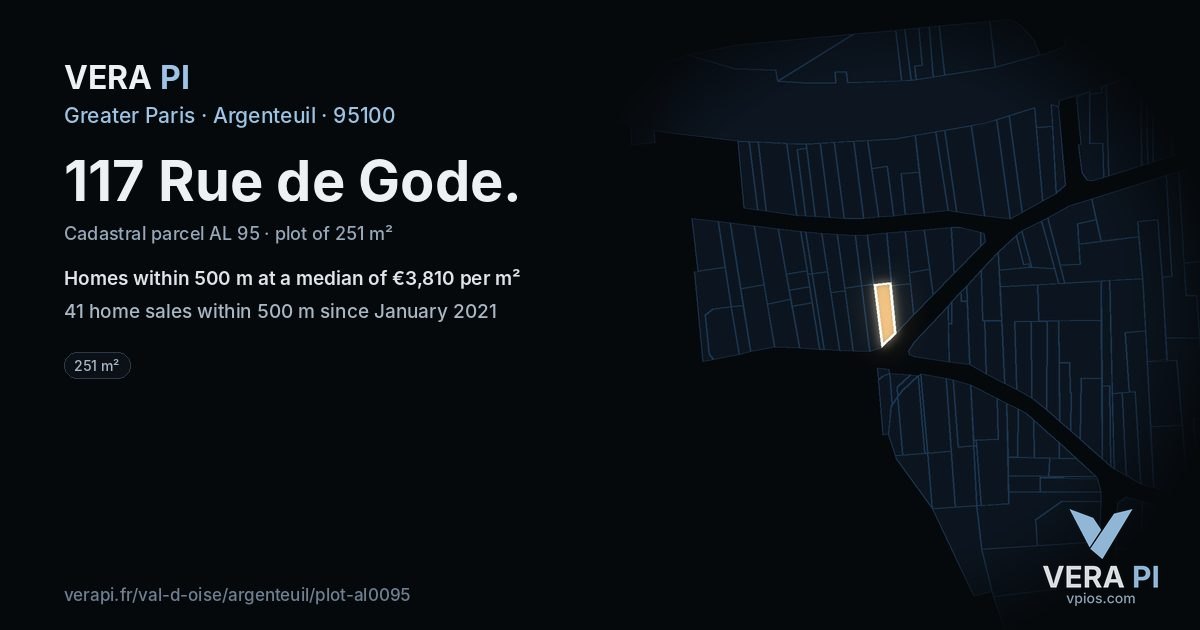 117 Rue de Gode, Argenteuil at night – the plot lit, the parcels around coloured by the prices near them
