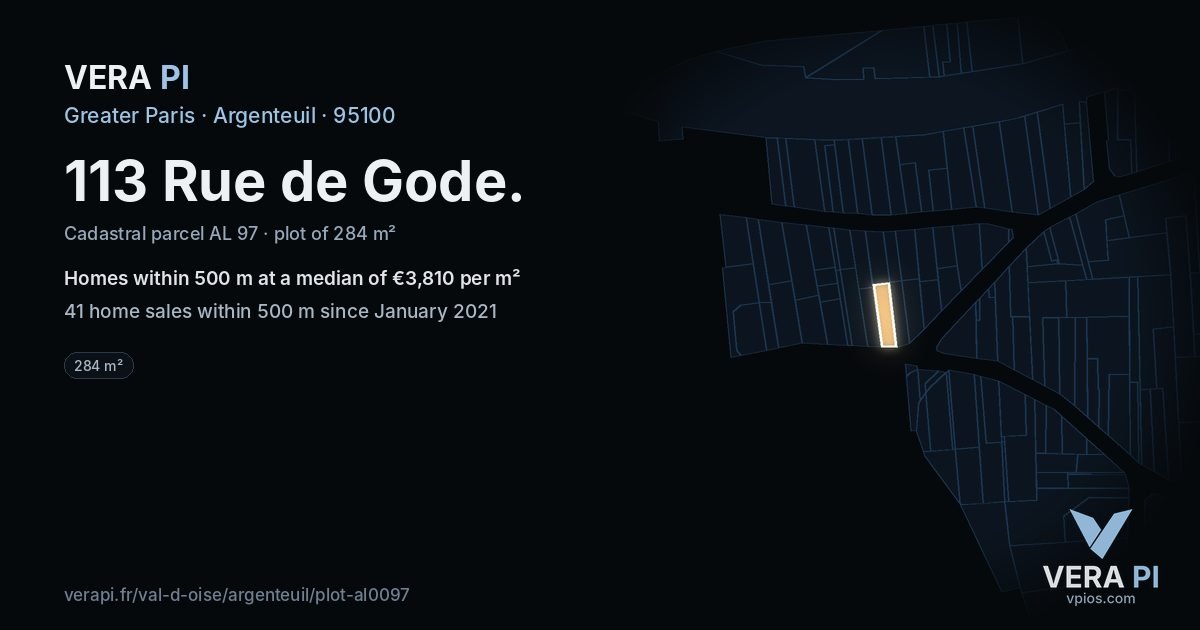113 Rue de Gode, Argenteuil at night – the plot lit, the parcels around coloured by the prices near them