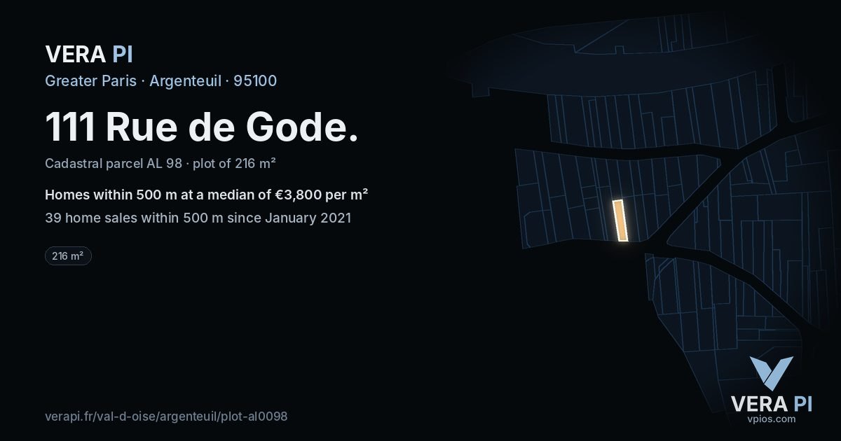 111 Rue de Gode, Argenteuil at night – the plot lit, the parcels around coloured by the prices near them