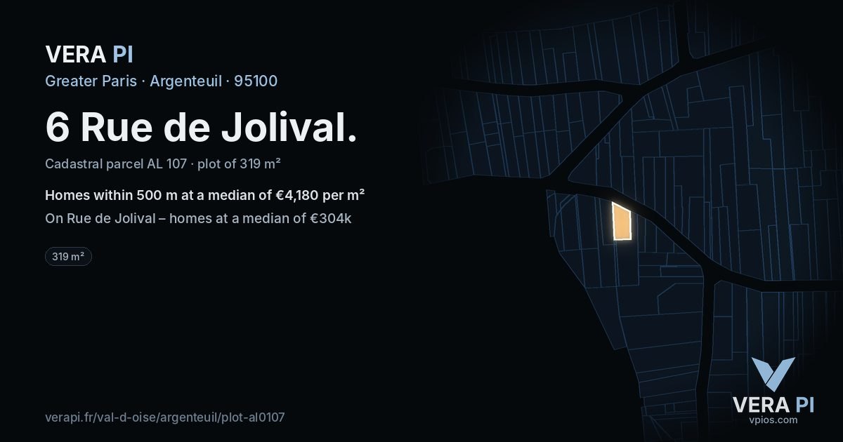 6 Rue de Jolival, Argenteuil at night – the plot lit, the parcels around coloured by the prices near them