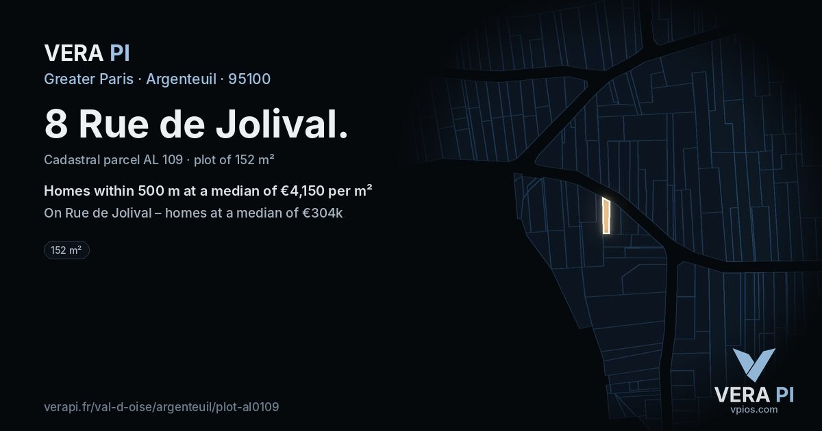 8 Rue de Jolival, Argenteuil at night – the plot lit, the parcels around coloured by the prices near them