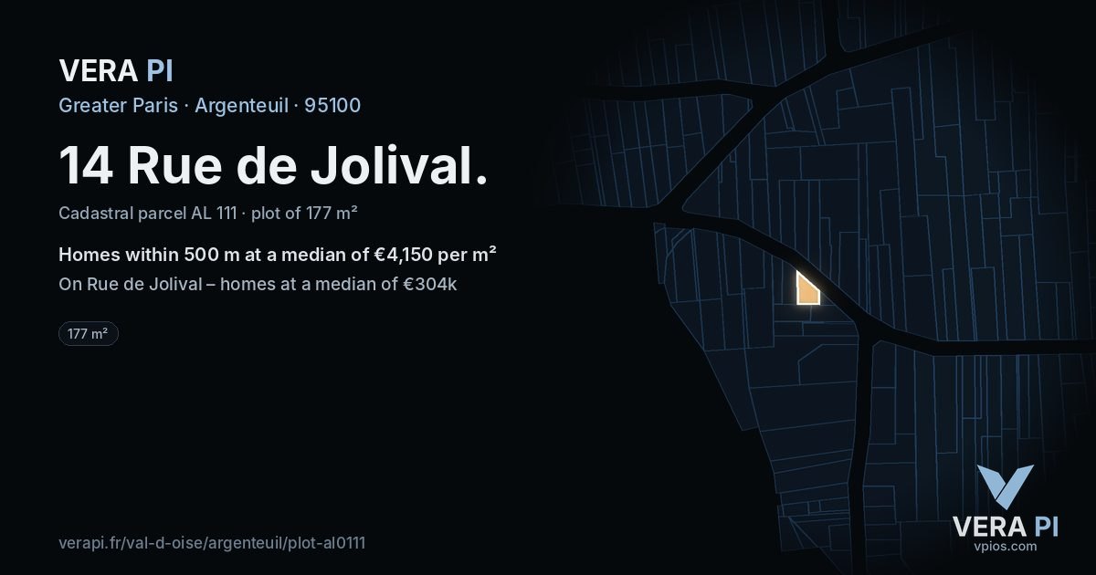 14 Rue de Jolival, Argenteuil at night – the plot lit, the parcels around coloured by the prices near them