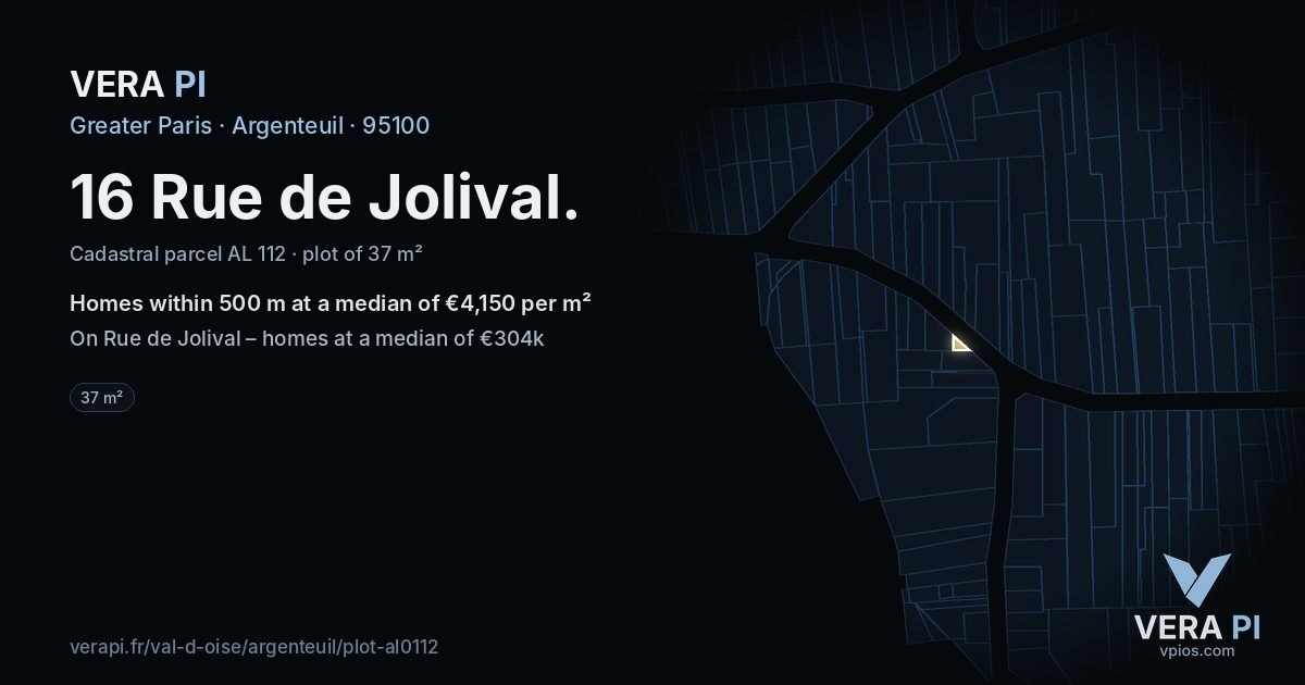 16 Rue de Jolival, Argenteuil at night – the plot lit, the parcels around coloured by the prices near them