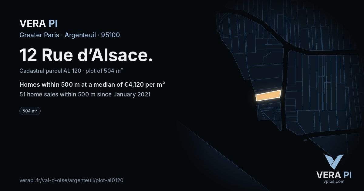 12 Rue d’Alsace, Argenteuil at night – the plot lit, the parcels around coloured by the prices near them