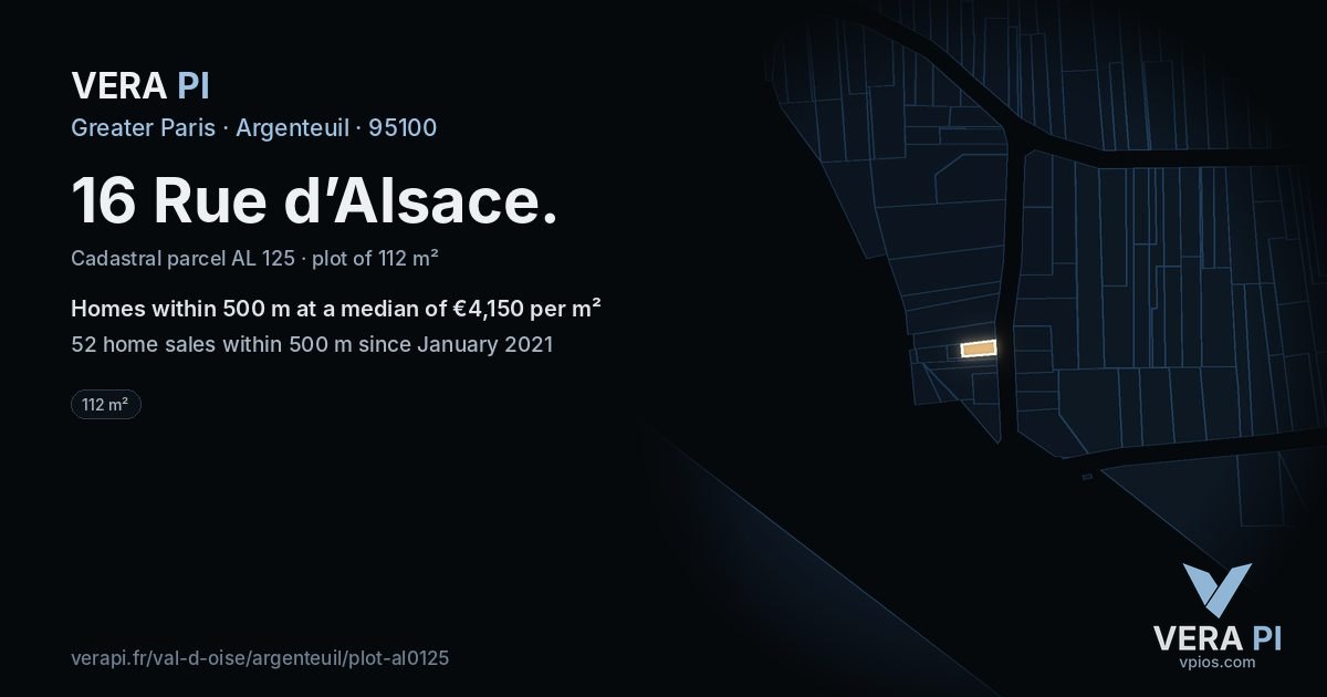 16 Rue d’Alsace, Argenteuil at night – the plot lit, the parcels around coloured by the prices near them
