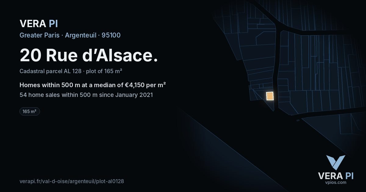 20 Rue d’Alsace, Argenteuil at night – the plot lit, the parcels around coloured by the prices near them