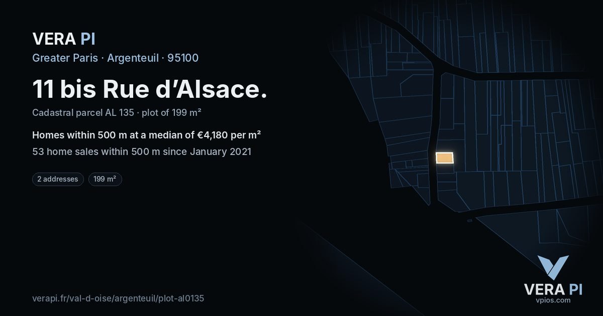11 bis Rue d’Alsace, Argenteuil at night – the plot lit, the parcels around coloured by the prices near them
