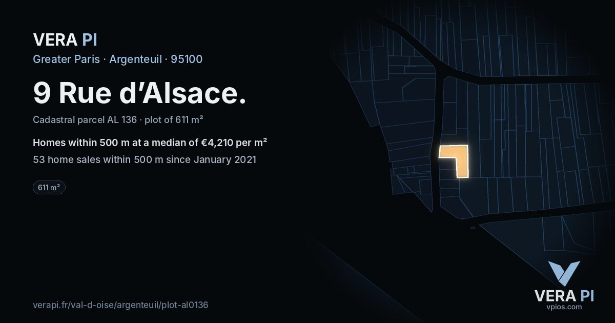 9 Rue d’Alsace, Argenteuil at night – the plot lit, the parcels around coloured by the prices near them