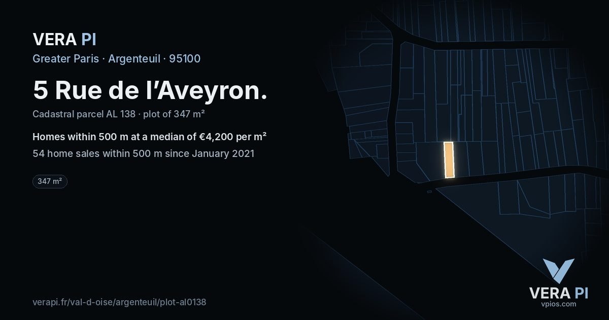 5 Rue de l’Aveyron, Argenteuil at night – the plot lit, the parcels around coloured by the prices near them