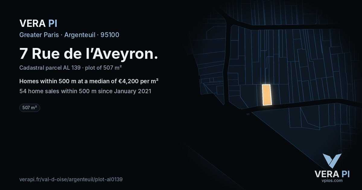 7 Rue de l’Aveyron, Argenteuil at night – the plot lit, the parcels around coloured by the prices near them