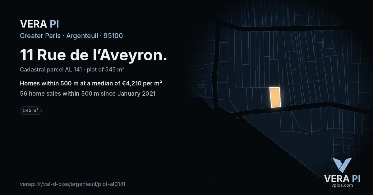 11 Rue de l’Aveyron, Argenteuil at night – the plot lit, the parcels around coloured by the prices near them