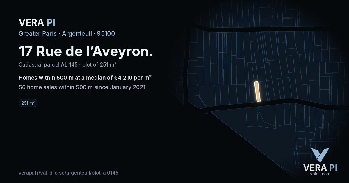 17 Rue de l’Aveyron, Argenteuil at night – the plot lit, the parcels around coloured by the prices near them