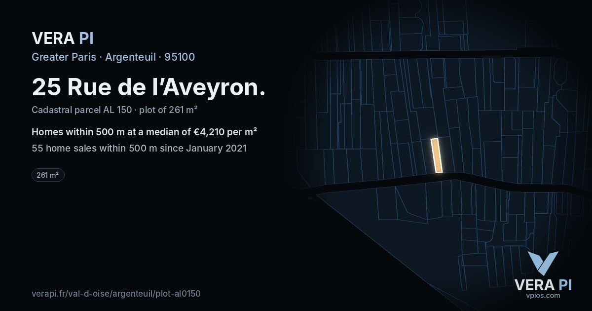 25 Rue de l’Aveyron, Argenteuil at night – the plot lit, the parcels around coloured by the prices near them