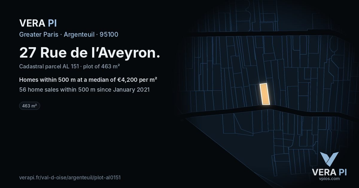 27 Rue de l’Aveyron, Argenteuil at night – the plot lit, the parcels around coloured by the prices near them