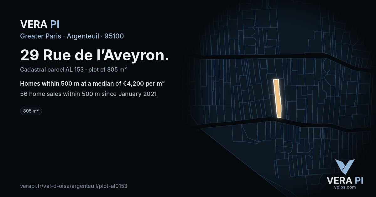 29 Rue de l’Aveyron, Argenteuil at night – the plot lit, the parcels around coloured by the prices near them