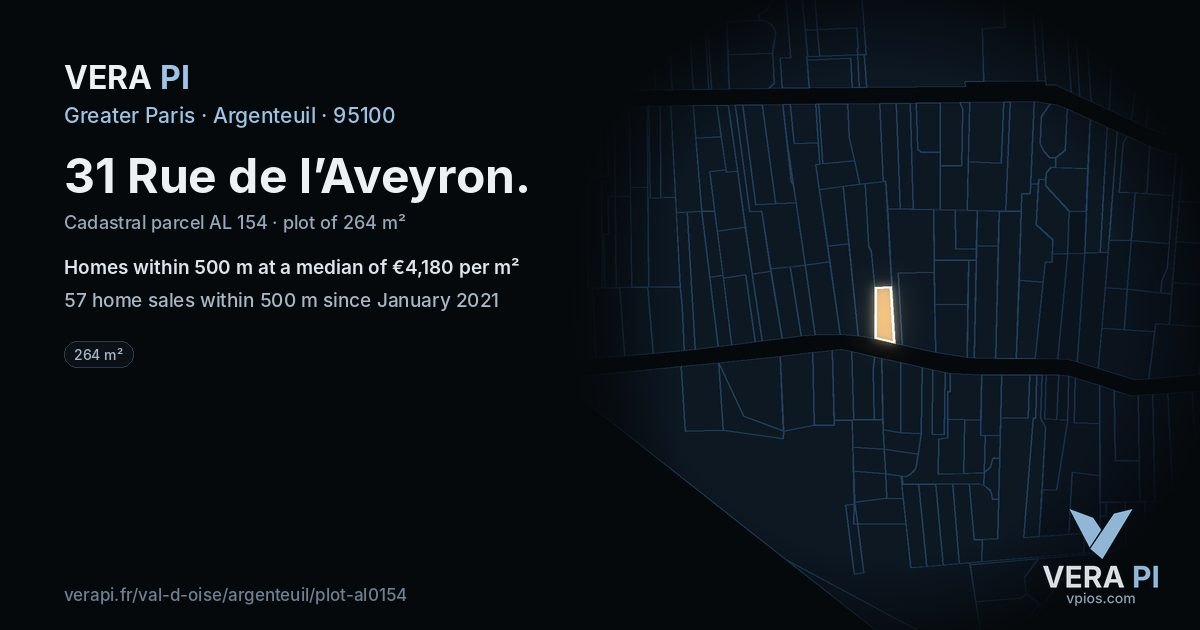 31 Rue de l’Aveyron, Argenteuil at night – the plot lit, the parcels around coloured by the prices near them