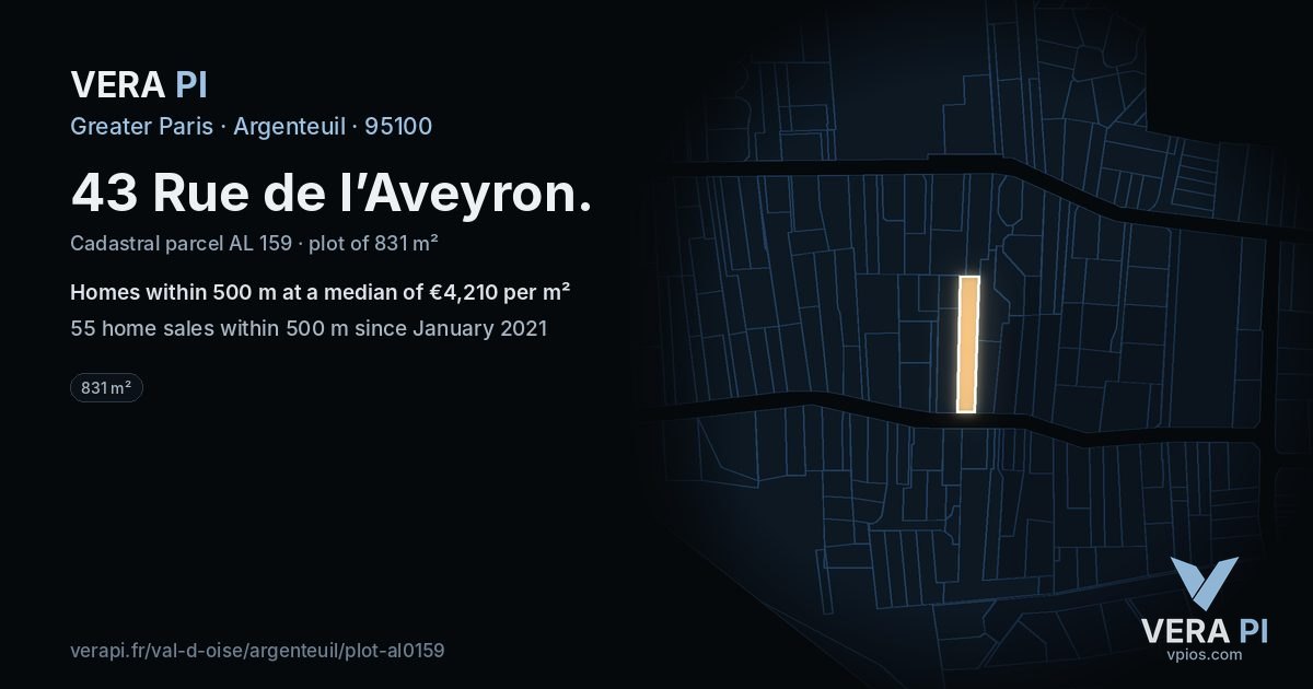 43 Rue de l’Aveyron, Argenteuil at night – the plot lit, the parcels around coloured by the prices near them