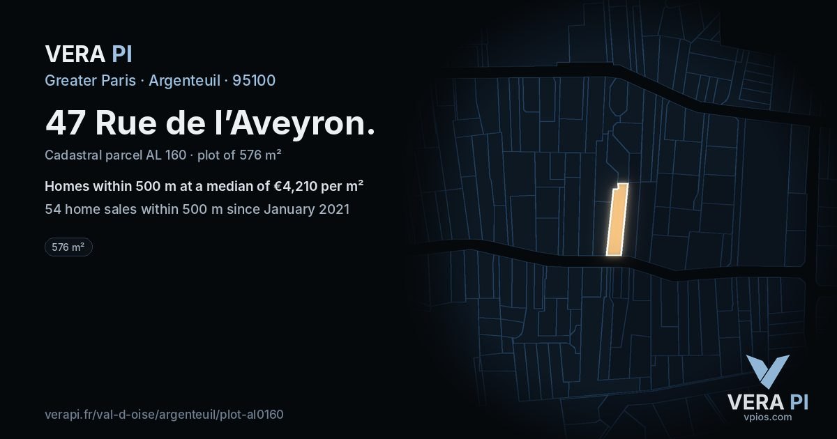 47 Rue de l’Aveyron, Argenteuil at night – the plot lit, the parcels around coloured by the prices near them