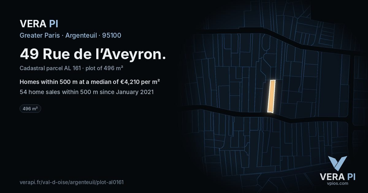 49 Rue de l’Aveyron, Argenteuil at night – the plot lit, the parcels around coloured by the prices near them
