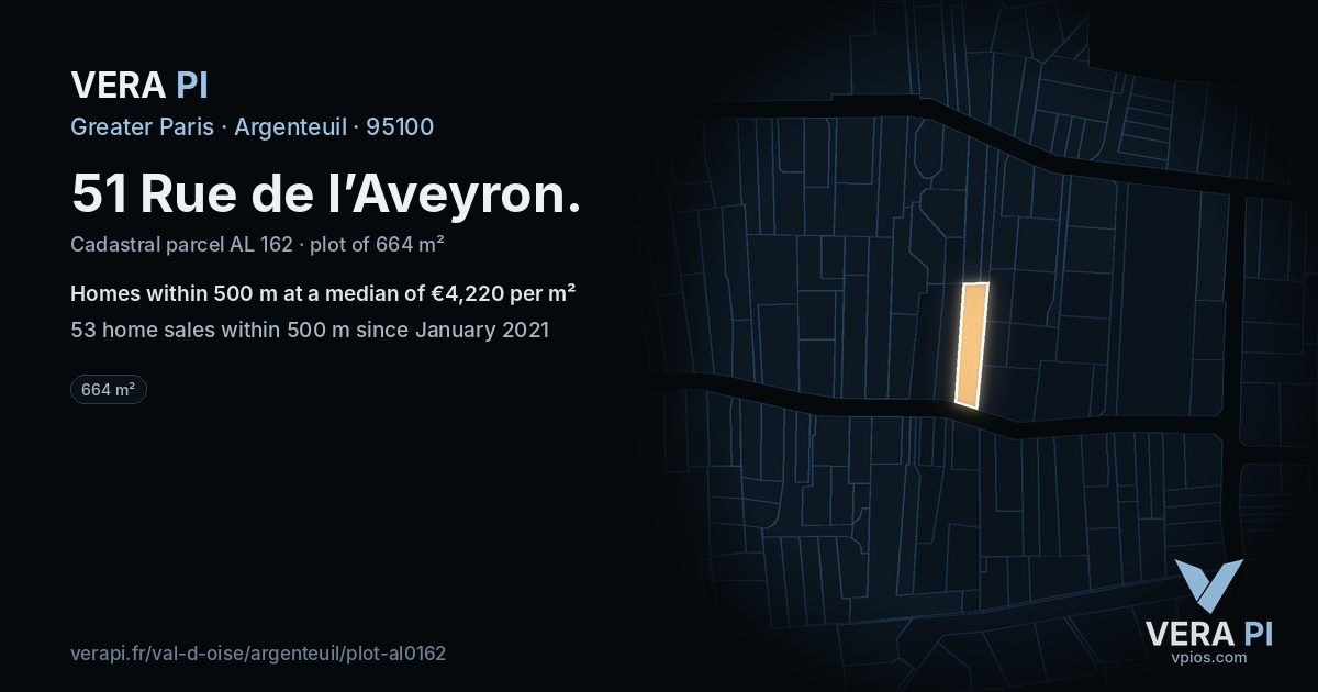 51 Rue de l’Aveyron, Argenteuil at night – the plot lit, the parcels around coloured by the prices near them