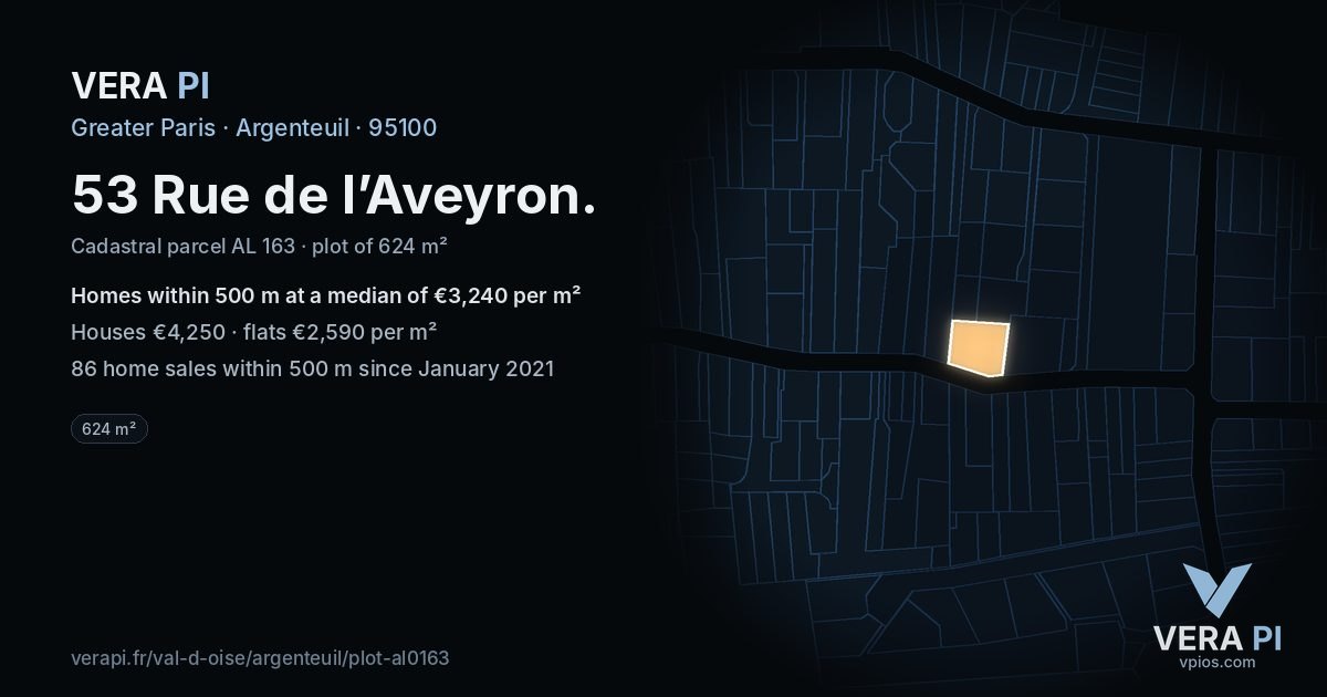 53 Rue de l’Aveyron, Argenteuil at night – the plot lit, the parcels around coloured by the prices near them