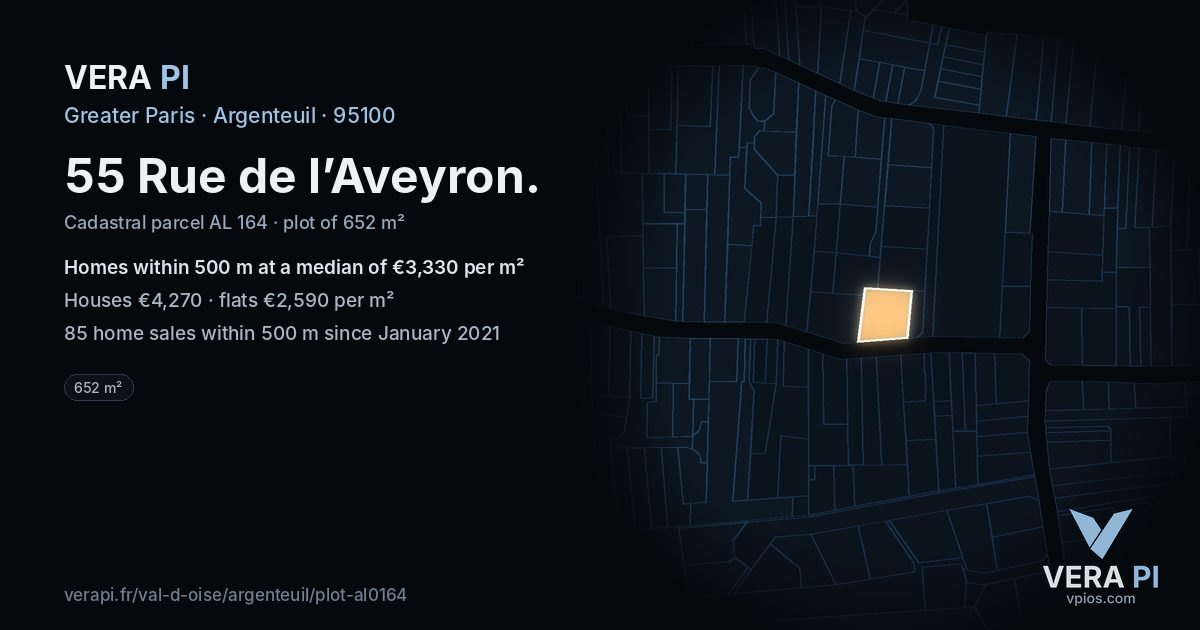 55 Rue de l’Aveyron, Argenteuil at night – the plot lit, the parcels around coloured by the prices near them