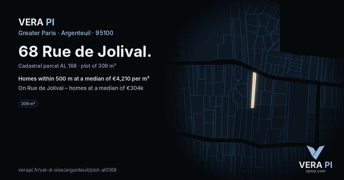 68 Rue de Jolival, Argenteuil at night – the plot lit, the parcels around coloured by the prices near them