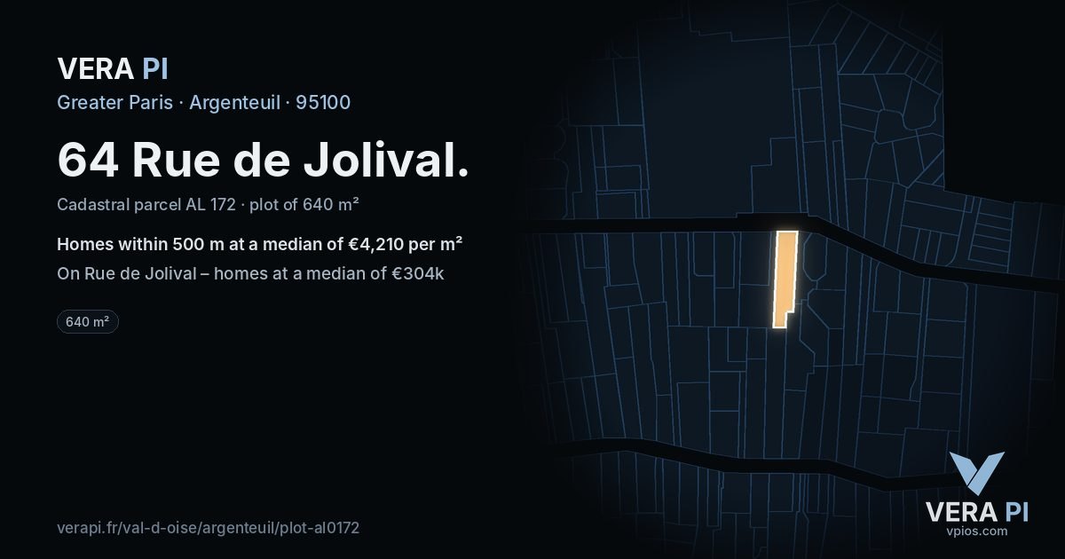 64 Rue de Jolival, Argenteuil at night – the plot lit, the parcels around coloured by the prices near them