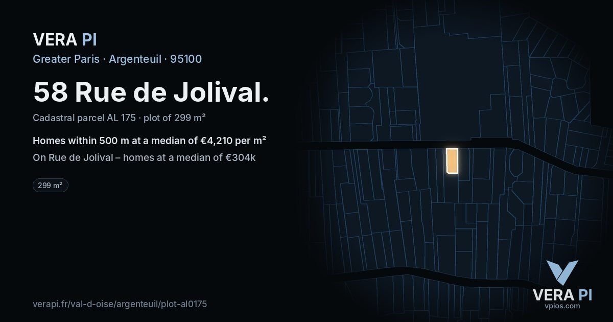 58 Rue de Jolival, Argenteuil at night – the plot lit, the parcels around coloured by the prices near them