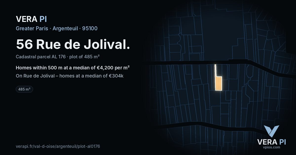 56 Rue de Jolival, Argenteuil at night – the plot lit, the parcels around coloured by the prices near them