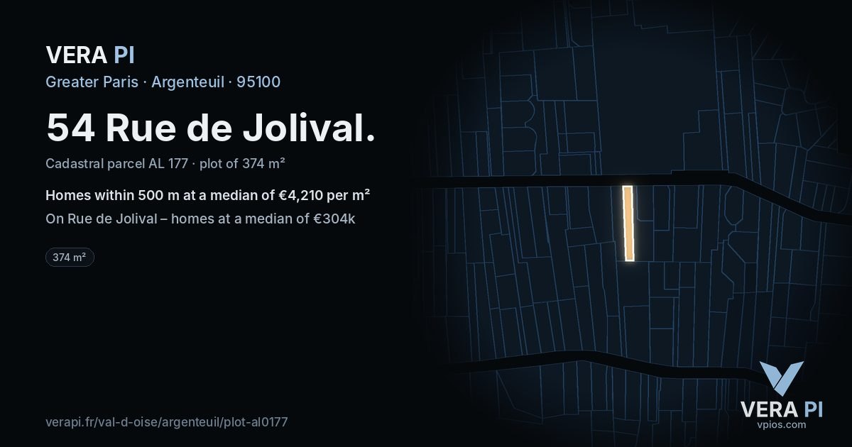 54 Rue de Jolival, Argenteuil at night – the plot lit, the parcels around coloured by the prices near them