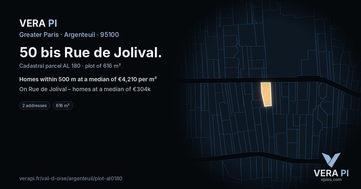 50 bis Rue de Jolival, Argenteuil at night – the plot lit, the parcels around coloured by the prices near them