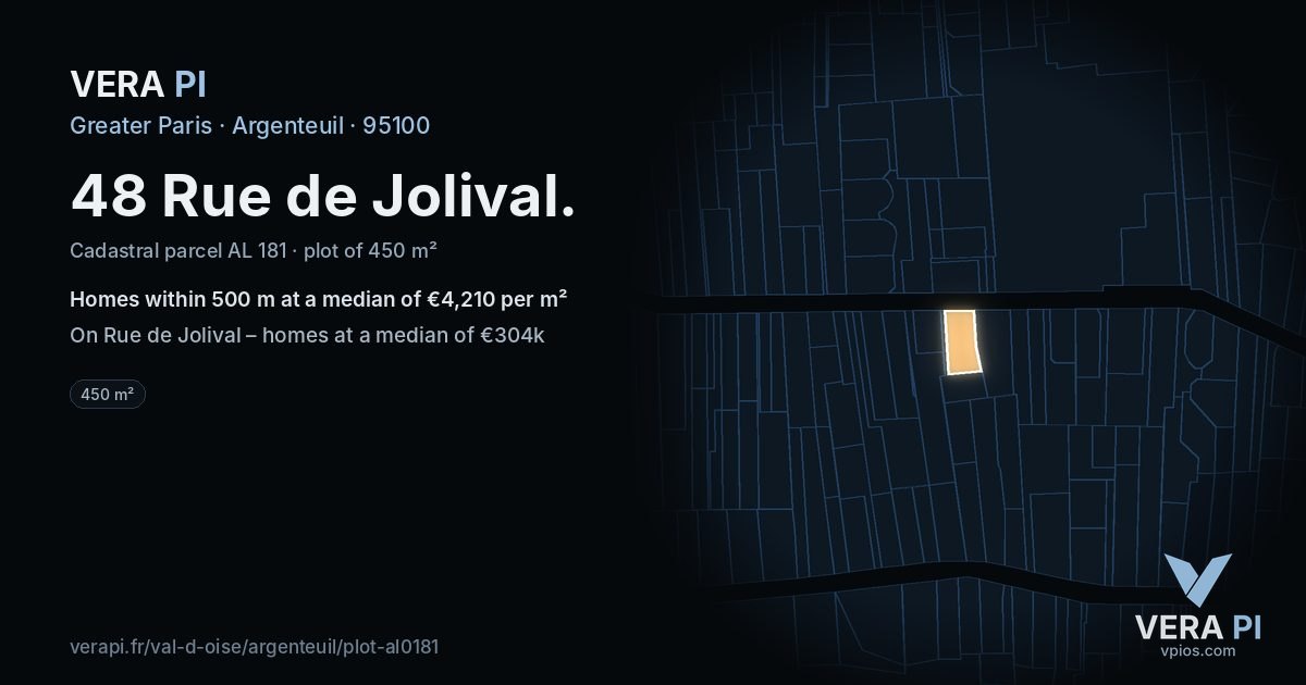 48 Rue de Jolival, Argenteuil at night – the plot lit, the parcels around coloured by the prices near them