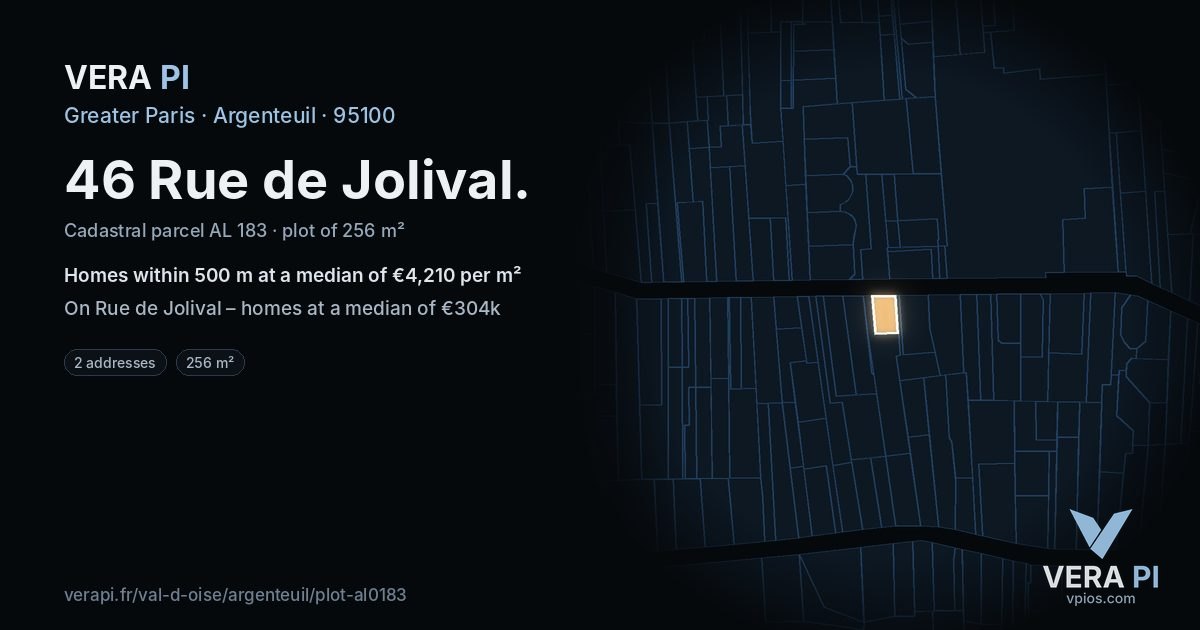 46 Rue de Jolival, Argenteuil at night – the plot lit, the parcels around coloured by the prices near them