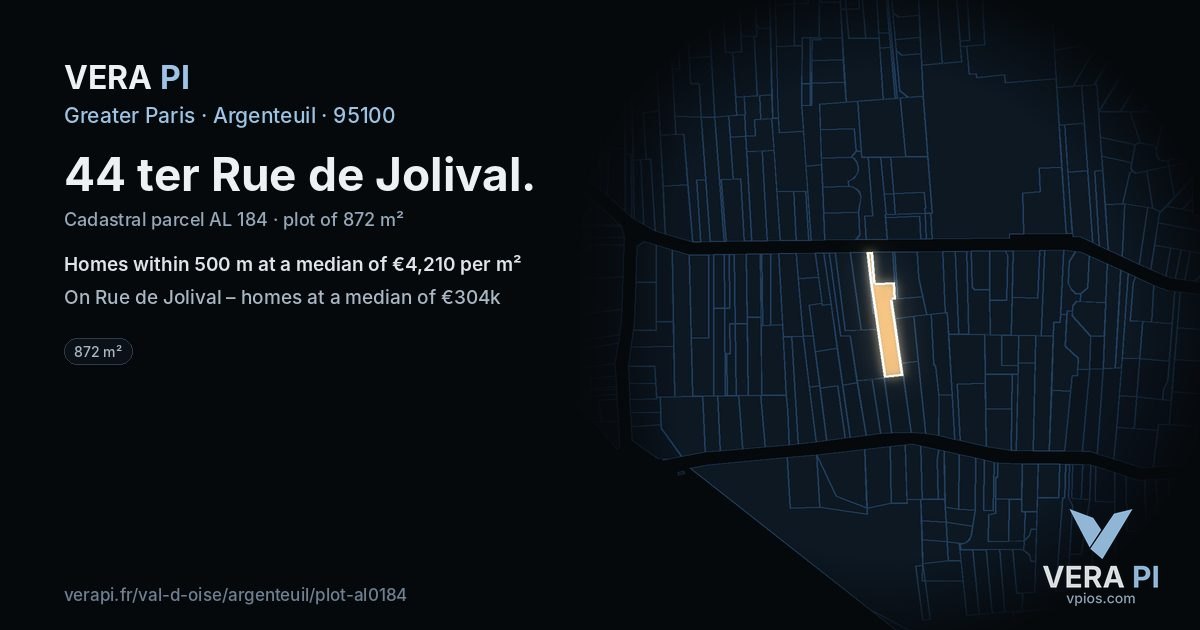 44 ter Rue de Jolival, Argenteuil at night – the plot lit, the parcels around coloured by the prices near them